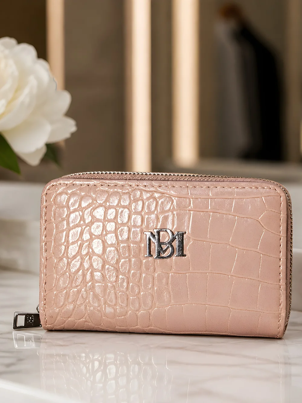 Badgley Mischka Croc-Embossed Zip Wallet In Blush
